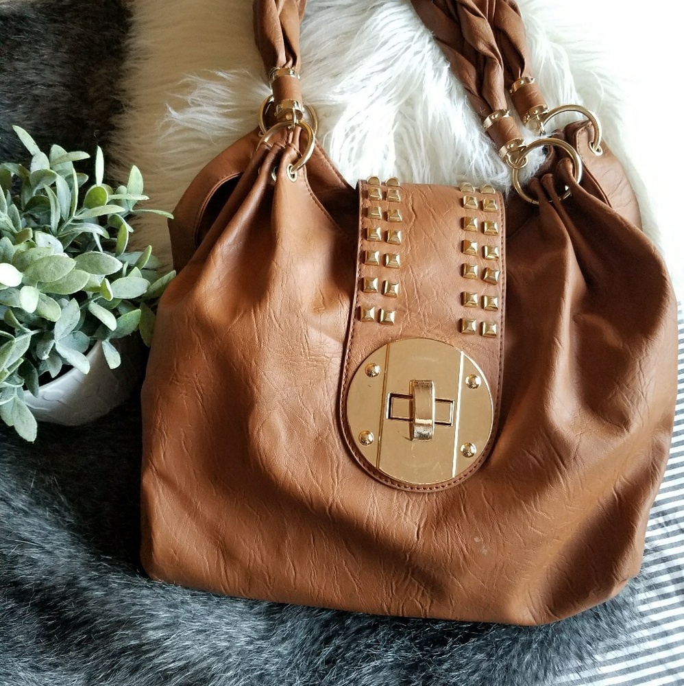 Cognac Studded Braided Purse